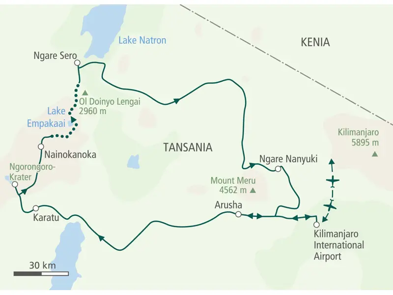Karte der Hauser Trekkingreise in Tansania vom Ngorongoro-Krater über den Lake Empakaai zum Lake Natron und zurück nach Arusha.