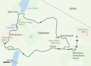 Karte der Hauser Trekkingreise in Tansania vom Ngorongoro-Krater über den Lake Empakaai zum Lake Natron und zurück nach Arusha.
