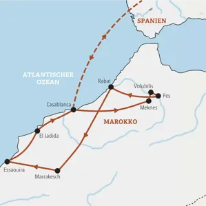 Karte der geführten Rundreise durch Marokkos Königsstädte: Route von Casablanca über Fes, Rabat, Marrakesch und Essaouira.
