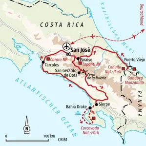 Routenverlauf der Selbstfahrer-Wanderreise in Costa Rica ab San José zum Cahuita- und Corcovado-Nationalpark und zurück.