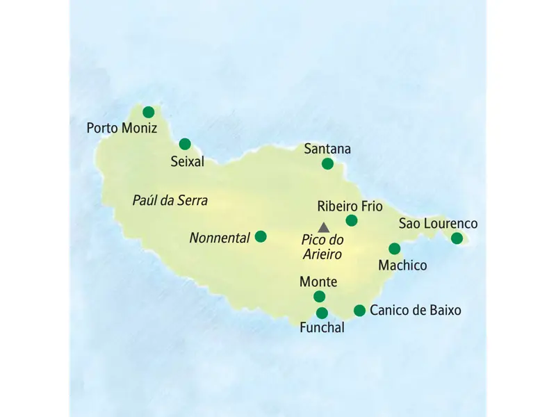Landkarte der Studiosus Wanderreise auf Madeira mit den Stationen Funchal, Pico do Arieiro, Sao Lourenco und Porto Moniz.