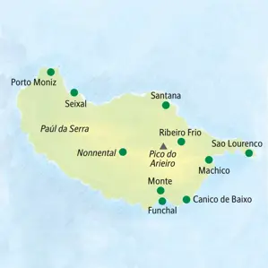 Landkarte der Studiosus Wanderreise auf Madeira mit den Stationen Funchal, Pico do Arieiro, Sao Lourenco und Porto Moniz.