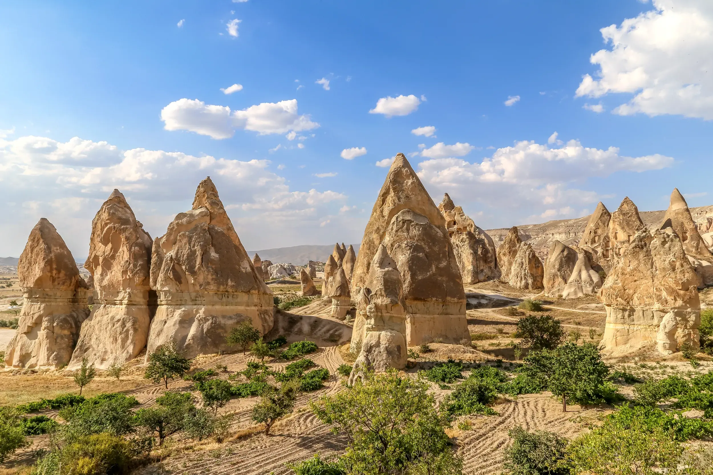 Spitze, beige Tuffsteinkegel, bekannt als Feenkamine, in der weiten, bizarren Landschaft von Kappadokien unter blauem Himmel.