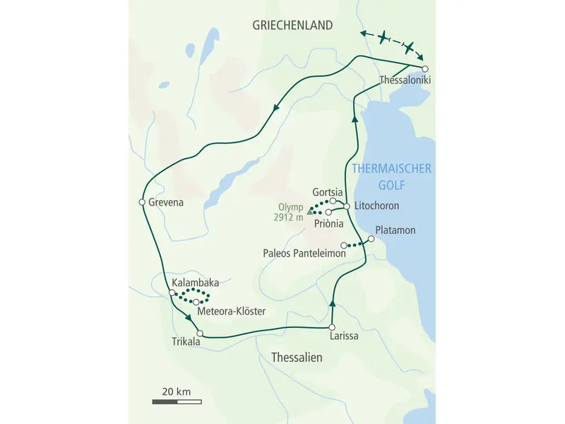Routenkarte der Trekkingreise in Griechenland. Die Route führt von Thessaloniki zu den Meteora Klöstern und ins Olymp-Massiv.