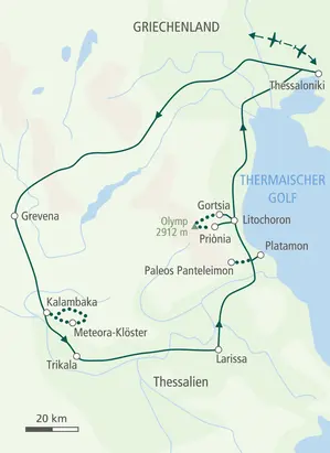 Routenkarte der Trekkingreise in Griechenland. Die Route führt von Thessaloniki zu den Meteora Klöstern und ins Olymp-Massiv.