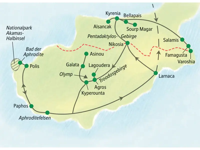 Reiseroute der Studiosus Wanderreise auf Zypern, die von Larnaca über Kyrenia, Nikosia und das Troodosgebirge nach Paphos führt.