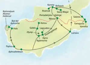 Reiseroute der Studiosus Wanderreise auf Zypern, die von Larnaca über Kyrenia, Nikosia und das Troodosgebirge nach Paphos führt.