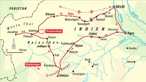Routenverlauf unserer Wanderreise durch Rajasthan: von Delhi über die Wüste Thar, Jodhpur, Udaipur, Jaipur bis zum Taj Mahal in Agra.