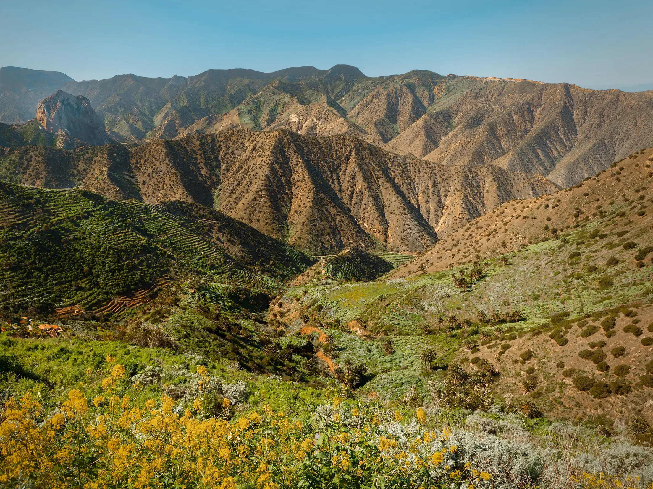 Panoramablick beim Wandern auf La Gomera über grüne Terrassenfelder auf die zerklüftete Berglandschaft mit dem Roque de Agando.