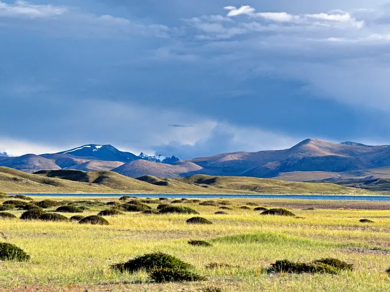 Grüne Steppenlandschaft mit dem blauen Manasarovar See und den Bergen des Himalaya während einer Hauser Trekkingreise in Tibet.