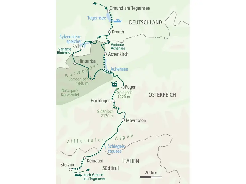 Routenkarte der Alpenüberquerung von Gmund am Tegernsee durch den Naturpark Karwendel und die Zillertaler Alpen bis Sterzing.