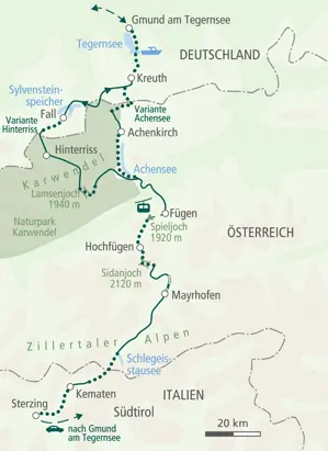 Routenkarte der Alpenüberquerung von Gmund am Tegernsee durch den Naturpark Karwendel und die Zillertaler Alpen bis Sterzing.