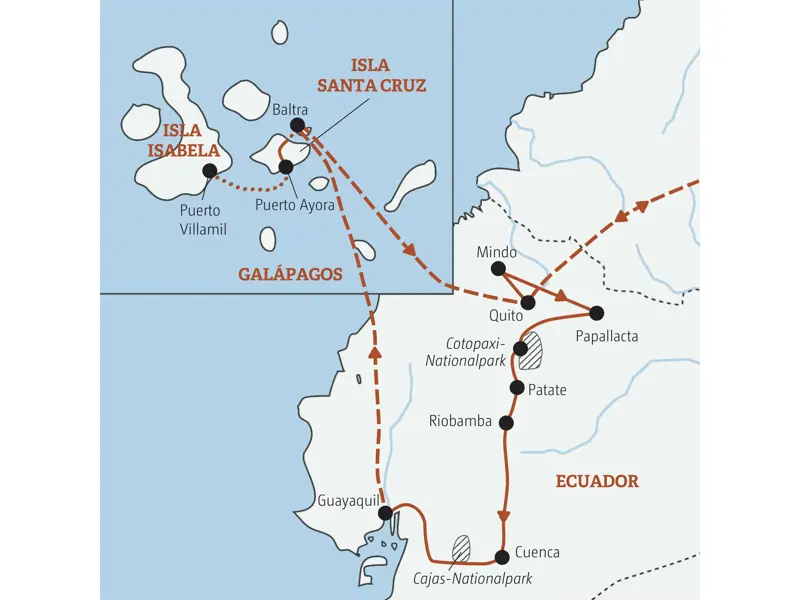 Karte der geführten Rundreise durch Ecuador. Die Route führt von Quito über Cuenca und Guayaquil bis zu den Galápagos-Inseln.