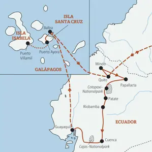 Karte der geführten Rundreise durch Ecuador. Die Route führt von Quito über Cuenca und Guayaquil bis zu den Galápagos-Inseln.