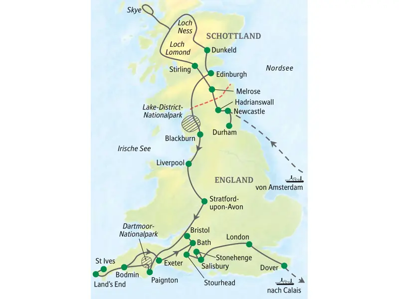 Karte der Studiosus-Studienreise durch Großbritannien: von Schottlands Highlands über London bis nach Cornwall und Land's End.
