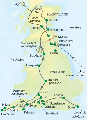 Karte der Studiosus-Studienreise durch Großbritannien: von Schottlands Highlands über London bis nach Cornwall und Land's End.