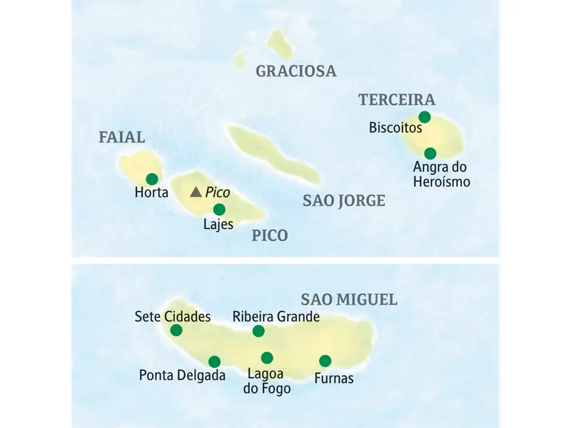 Karte der Studiosus Studienreise auf die Azoren, die auf die Inseln Terceira, Faial, Pico und Sao Miguel führt.