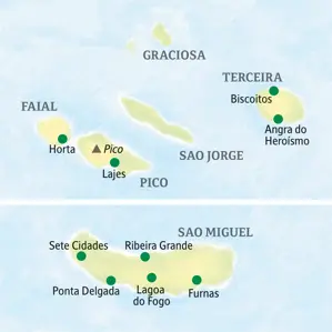 Karte der Studiosus Studienreise auf die Azoren, die auf die Inseln Terceira, Faial, Pico und Sao Miguel führt.