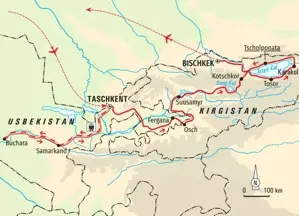 Routenverlauf der Wanderreise in Usbekistan und Kirgistan: von Buchara über Samarkand, Taschkent und den Songköl zum Yssykköl.