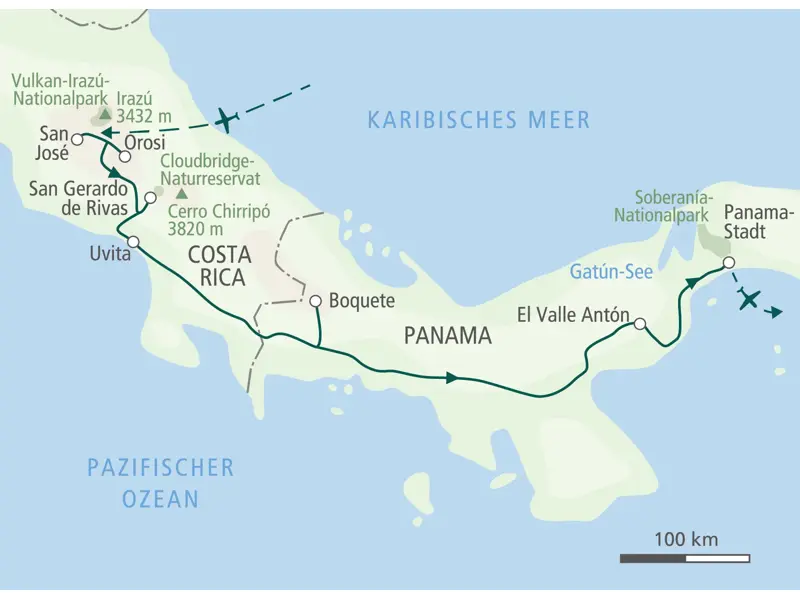 Wanderreise Costa Rica und Panama: Karte der Route von San José über Uvita und Boquete bis zum Ziel Panama-Stadt.