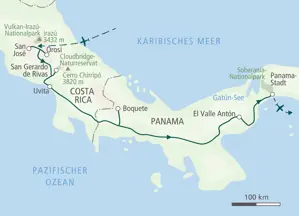 Wanderreise Costa Rica und Panama: Karte der Route von San José über Uvita und Boquete bis zum Ziel Panama-Stadt.