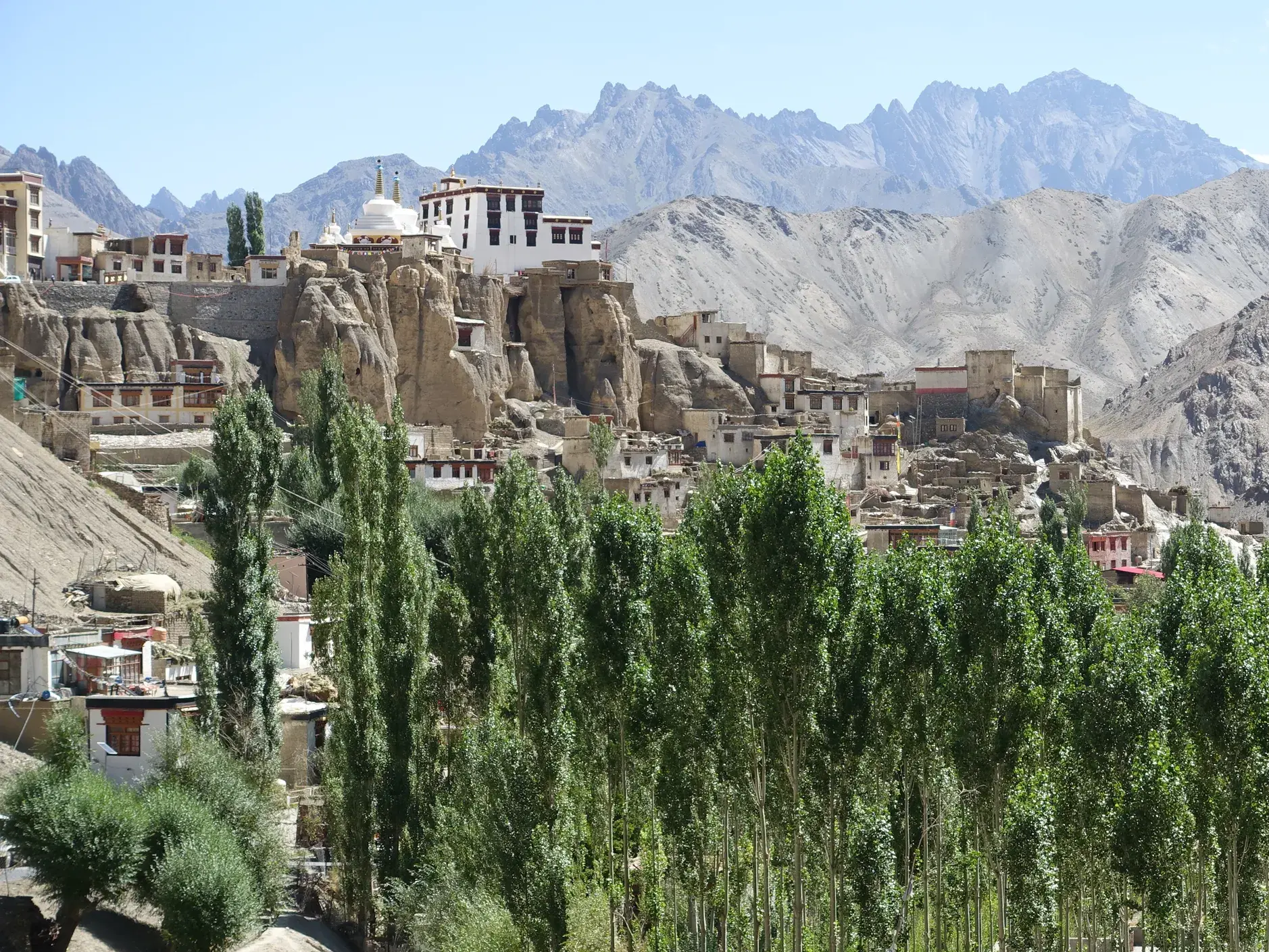Das Kloster Lamayuru in Ladakh thront auf einer Felsklippe über grünen Bäumen vor der Kulisse der kargen Bergwelt.