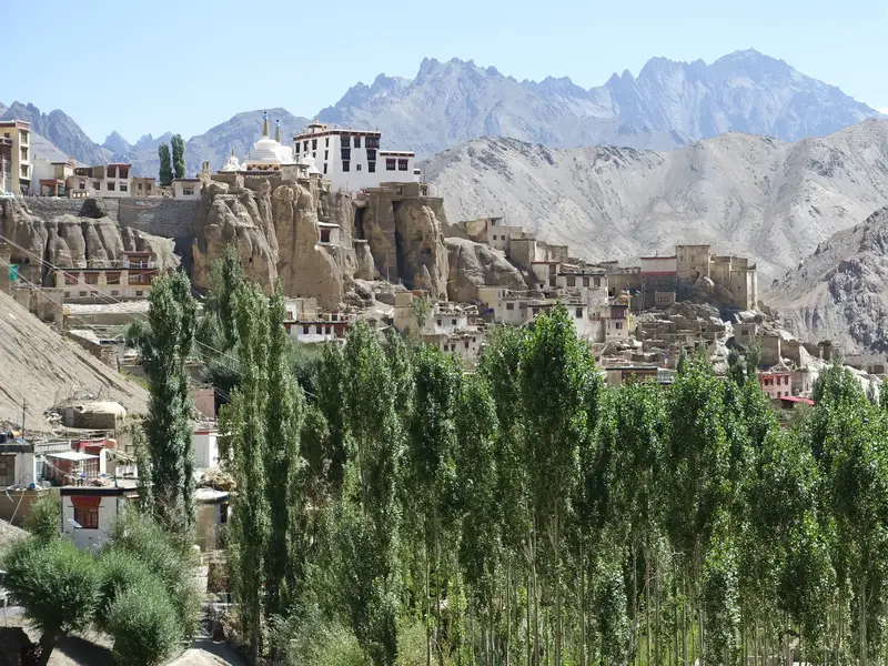 Das Kloster Lamayuru in Ladakh thront auf einer Felsklippe über grünen Bäumen vor der Kulisse der kargen Bergwelt.