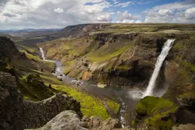 Weite Aussicht auf den Haifoss Wasserfall, der in eine tiefe, moosbewachsene Schlucht in der isländischen Landschaft stürzt.