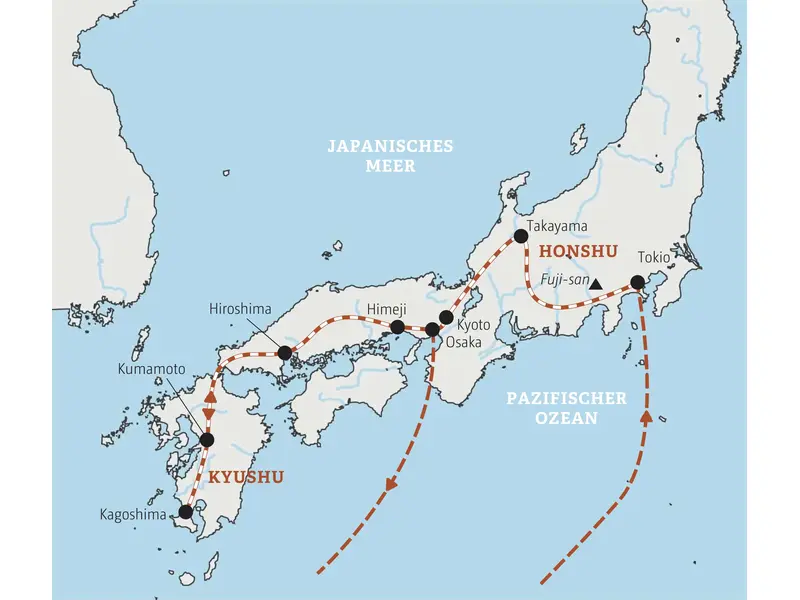 Karte der Kleingruppenreise in Japan: Die Route führt von Tokio über Takayama, Hiroshima, Kagoshima bis nach Kyoto.