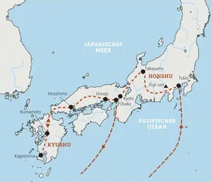 Karte der Kleingruppenreise in Japan: Die Route führt von Tokio über Takayama, Hiroshima, Kagoshima bis nach Kyoto.