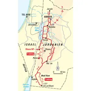 Karte unserer Trekkingreise in Jordanien: Route von Amman mit Treks nach Petra, im Wadi Rum und zum Gipfel des Um ad-Dhami.