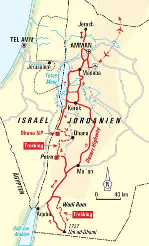 Karte unserer Trekkingreise in Jordanien: Route von Amman mit Treks nach Petra, im Wadi Rum und zum Gipfel des Um ad-Dhami.