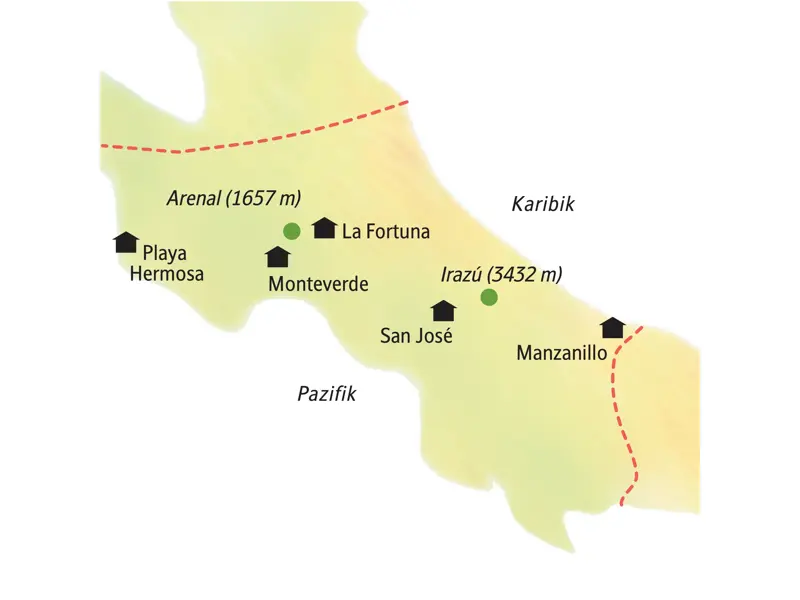 Unsere Kleingruppenreise in Costa Rica: Karte der Route von San José zur Karibikküste, zum Arenal und über Monteverde zur Pazifikküste.