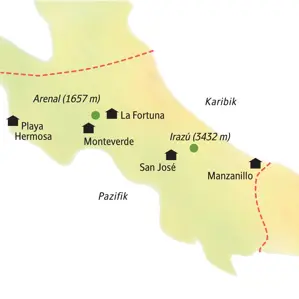 Unsere Kleingruppenreise in Costa Rica: Karte der Route von San José zur Karibikküste, zum Arenal und über Monteverde zur Pazifikküste.