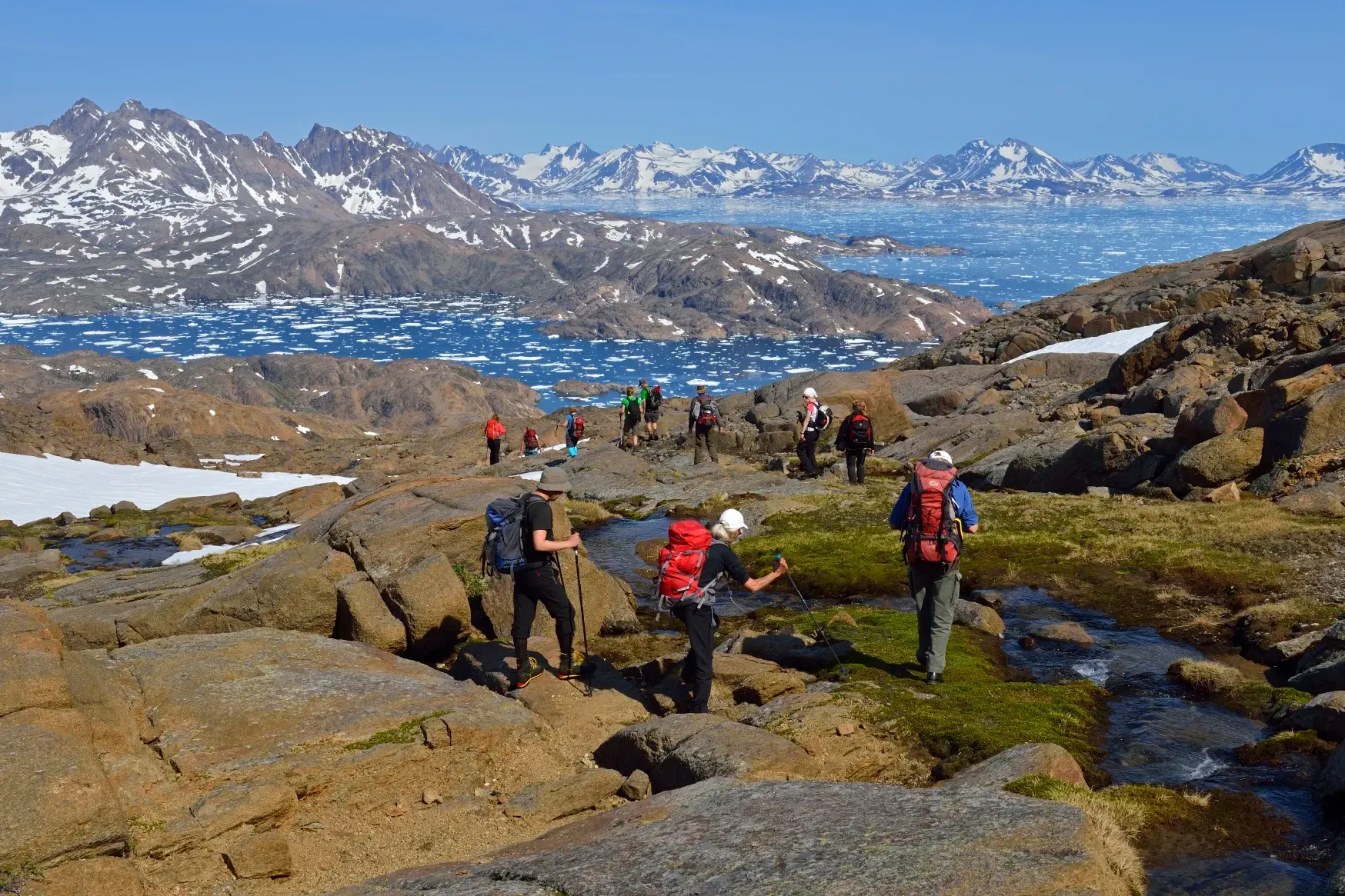 Eine Hauser-Wandergruppe beim Trekking durch die arktische Landschaft Ostgrönlands mit Blick auf den eisgefüllten Polarstrom.