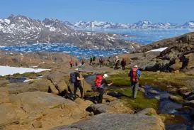 Eine Hauser-Wandergruppe beim Trekking durch die arktische Landschaft Ostgrönlands mit Blick auf den eisgefüllten Polarstrom.