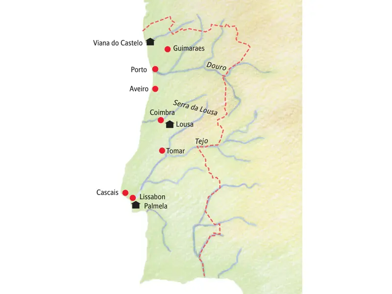 Karte der Studienreise in Portugal von Viana do Castelo über Porto, Coimbra und Tomar bis nach Lissabon und Palmela.