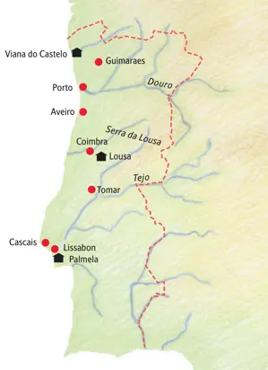 Karte der Studienreise in Portugal von Viana do Castelo über Porto, Coimbra und Tomar bis nach Lissabon und Palmela.
