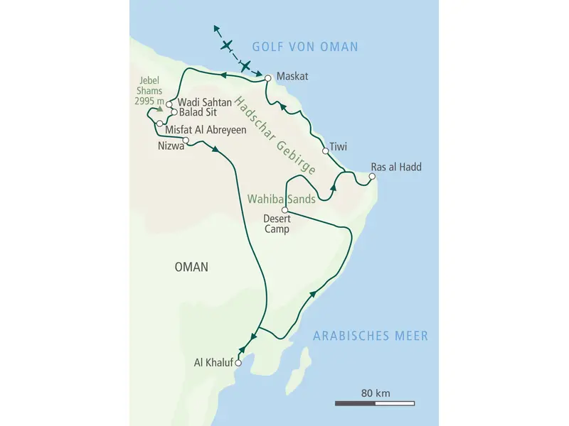 Karte der Trekkingreise in Oman: Die Route führt von Maskat ins Hadschar Gebirge, nach Nizwa, Al Khaluf und über die Wahiba Sands zurück.