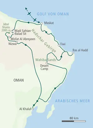 Karte der Trekkingreise in Oman: Die Route führt von Maskat ins Hadschar Gebirge, nach Nizwa, Al Khaluf und über die Wahiba Sands zurück.