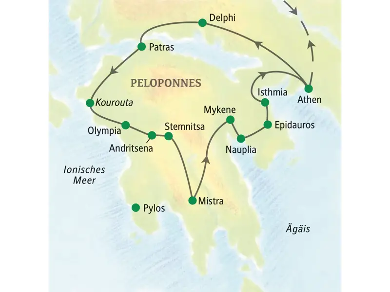 Karte der Studiosus Studienreise durch Griechenland mit der Route von Athen über Delphi, Olympia, Mistra, Mykene und Epidauros.