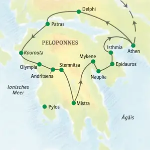 Karte der Studiosus Studienreise durch Griechenland mit der Route von Athen über Delphi, Olympia, Mistra, Mykene und Epidauros.