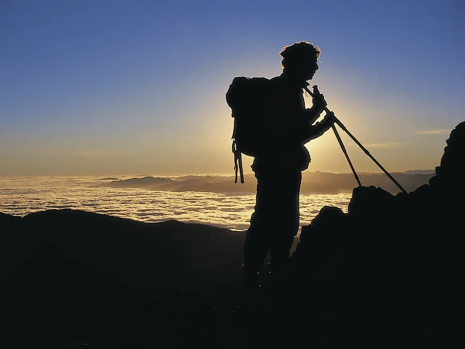 Silhouette eines Wanderers mit Rucksack und Trekkingstöcken auf einem Berggipfel in Neuseeland bei Sonnenaufgang über den Wolken.