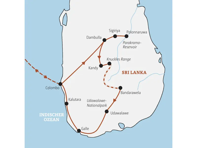 Karte der Kleingruppenreise in Sri Lanka von Colombo über Sigiriya und Kandy ins Hochland und via Udawalawe und Galle an die Küste.
