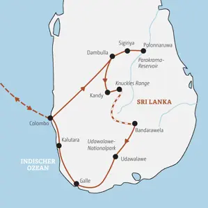 Karte der Kleingruppenreise in Sri Lanka von Colombo über Sigiriya und Kandy ins Hochland und via Udawalawe und Galle an die Küste.