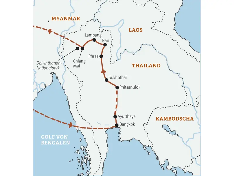Karte der geführten Rundreise in Nordthailand mit Route von Bangkok über die Königsstädte Ayutthaya und Sukhothai nach Chiang Mai.