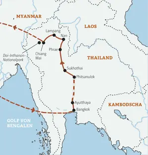 Karte der geführten Rundreise in Nordthailand mit Route von Bangkok über die Königsstädte Ayutthaya und Sukhothai nach Chiang Mai.