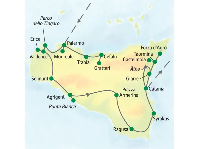Route der Studiosus Wanderreise auf Sizilien von Palermo über Selinunt, Agrigent, Syrakus und Taormina zum Ätna.