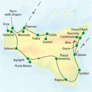Route der Studiosus Wanderreise auf Sizilien von Palermo über Selinunt, Agrigent, Syrakus und Taormina zum Ätna.