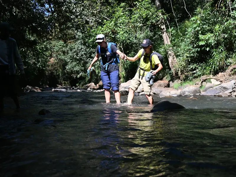 Zwei Wanderer einer Hauser Reisegruppe durchqueren Hand in Hand einen Fluss beim Trekking im grünen Gurage-Gebiet in Äthiopien.